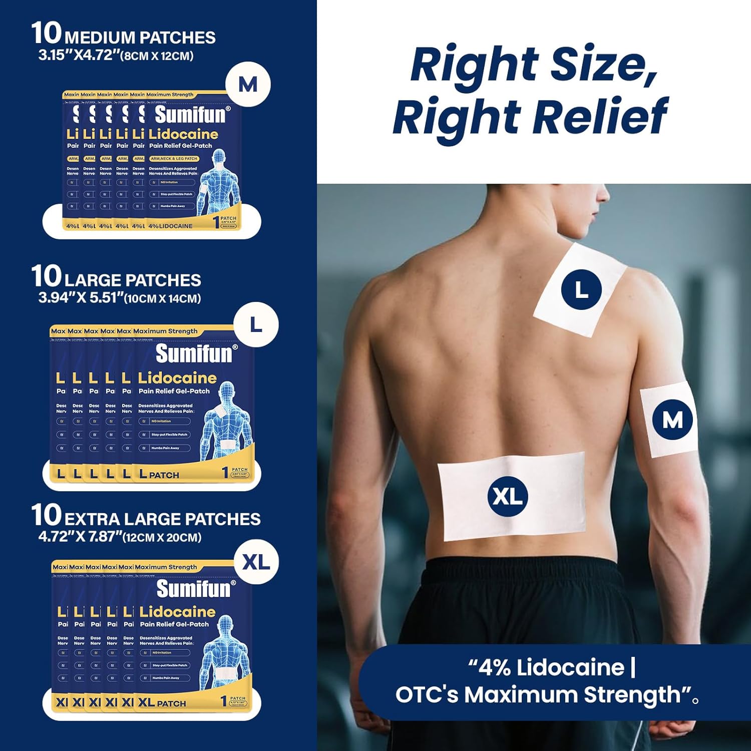 Sumifun 4% Lidocaine Pain Relief Patches Multi-Size Kit | M/L/XL for Targeted Back, Knee & Joint Relief | 8-Hour Maximum Strength Numbing | Athletes/Laborers/Office Workers (Multi Size, Count, 30)