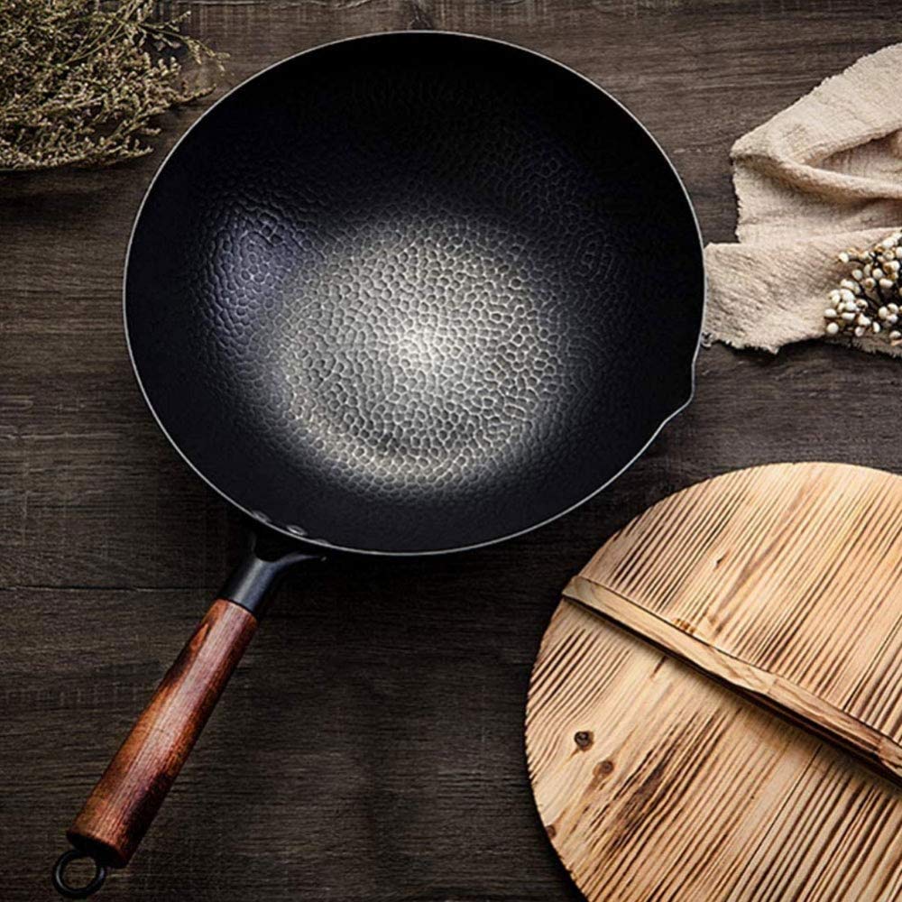 wok, Wok de acero al carbono con tapa, hecho a mano, sin revestimiento, antiadherente, for cocinas eléctricas, inducción y gas