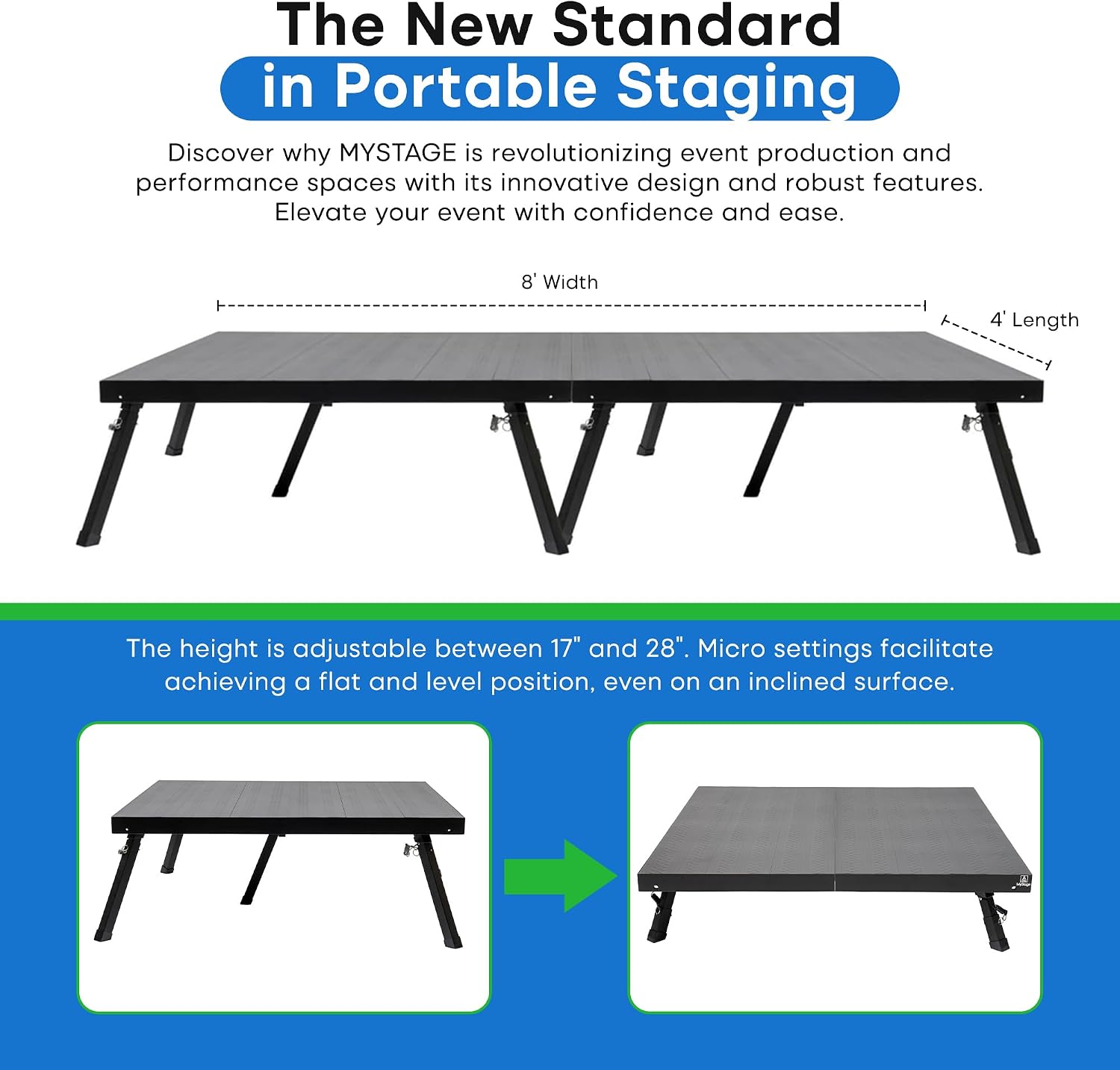 4'x8' MYSTAGE 2 Stage Platform - Portable, Folding Lightweight Aluminum Performance Deck with 8’’- 10’’ - Adjustable Stage Legs (Shorties) - Set of 5 - US Patented Design