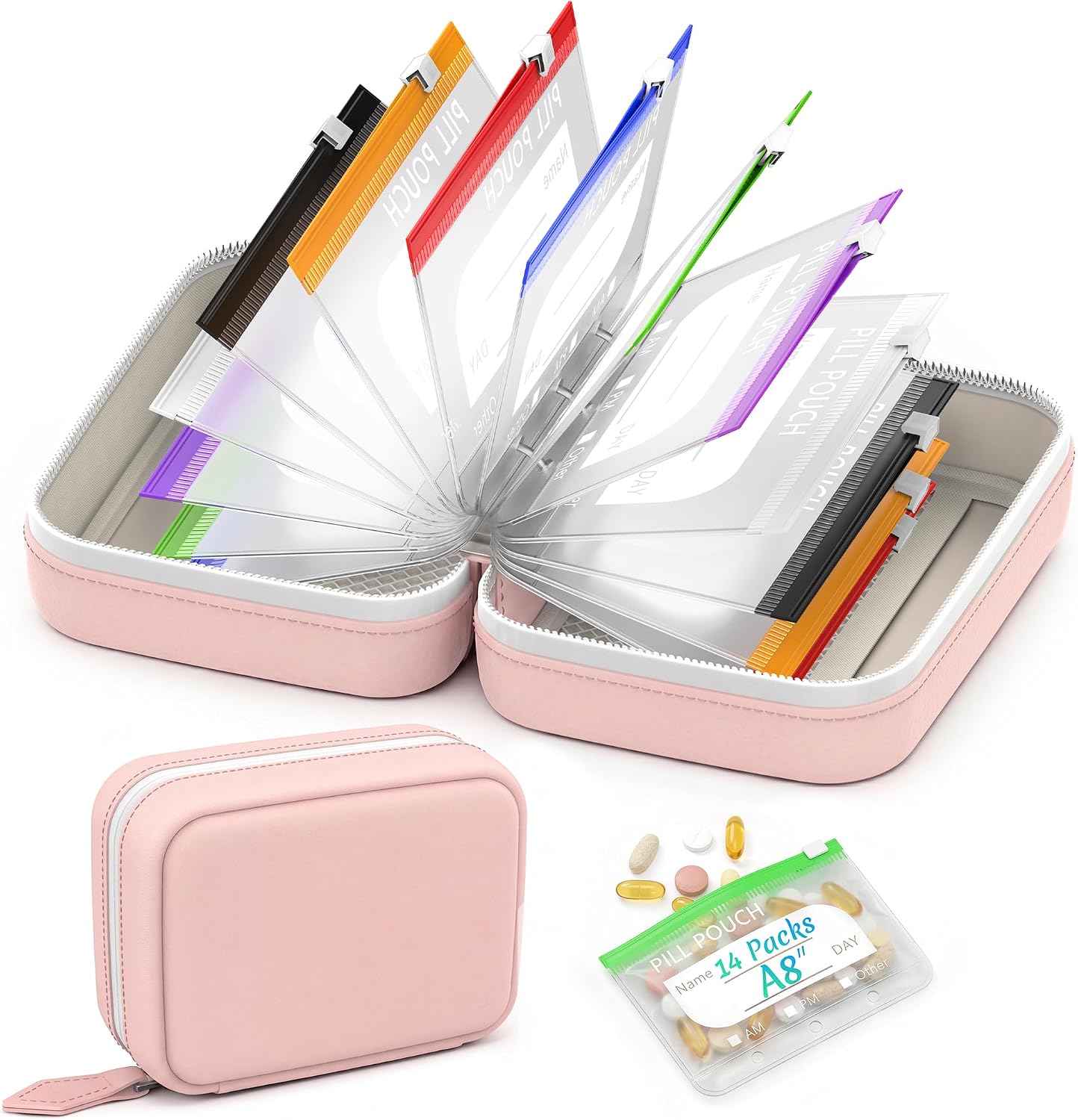 A8 Waterproof Pill Pouch Set, Pill Pouches for Travel with 14 Color Pouches
