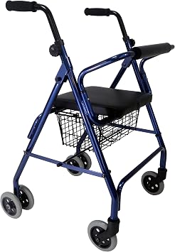 Freedom Lightweight Folding Aluminum Rollator Walker with 5-inch Wheels, Adjustable Seat Height Push Down Brake for Weak Grips with Basket Midnight Blue