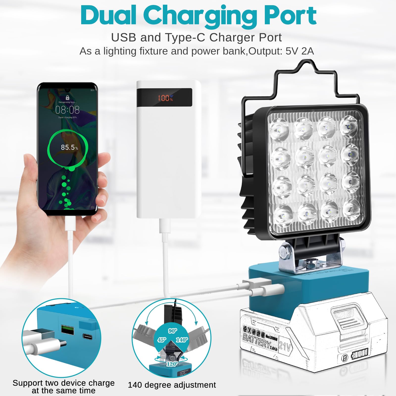 Battery Lamp For Makita 18/21 V, 48 W 2 Brightness Settings Wireless LED Work Light Battery - View #7