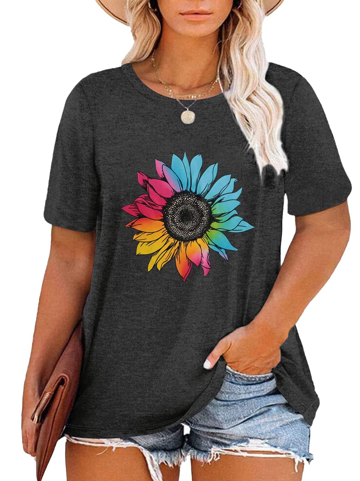 HDLTE Women Plus Size T Shirts Short Sleeve Casual Daisy Shirt Tops Graphic Tees