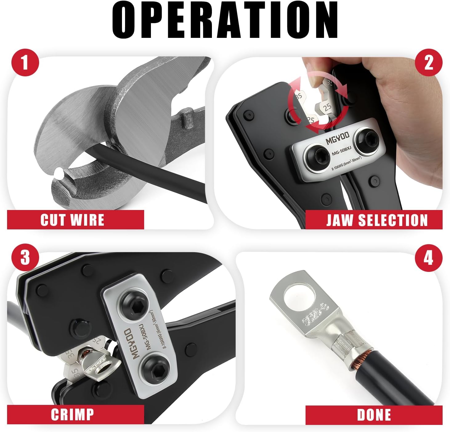 Battery Cable Lug Crimping Tool Heavy Duty Cable Lug Crimper Tool for 10, 8, 6, 4, 2, 1/0 AWG Copper Wire Lugs Battery Cable Ends