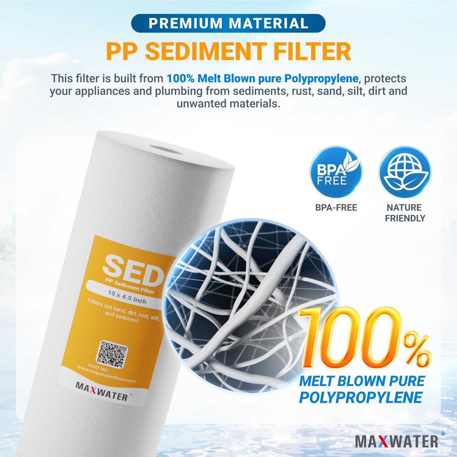 Max Water Filtro de agua de sedimentos para toda la casa de 5 micrones, 10 x 4.5 pulgadas, cartuchos de repuesto para filtro de agua de pozo de polipropileno fundido para DGD-5005, AP810, SDC-45-1001,