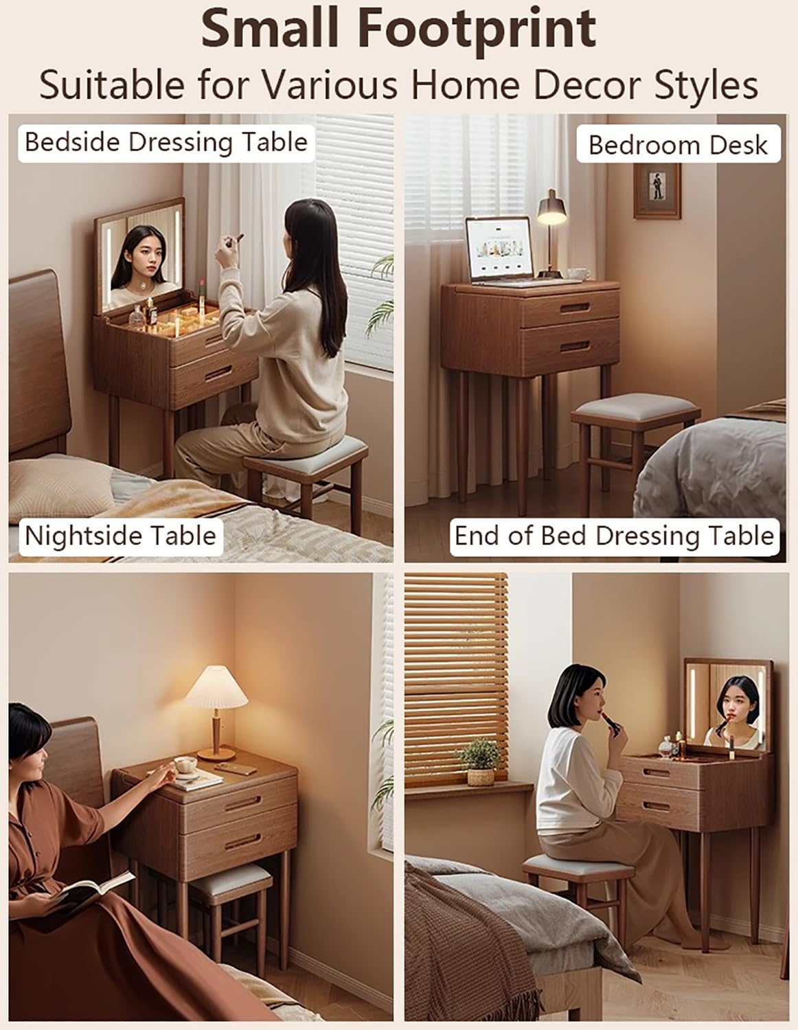 Scrivania da trucco illuminata a LED con specchio, in legno massello, 3 opzioni di colore, comodino a forma di cactus, 2 cassetti, per camere da letto, 50 cm, design moderno