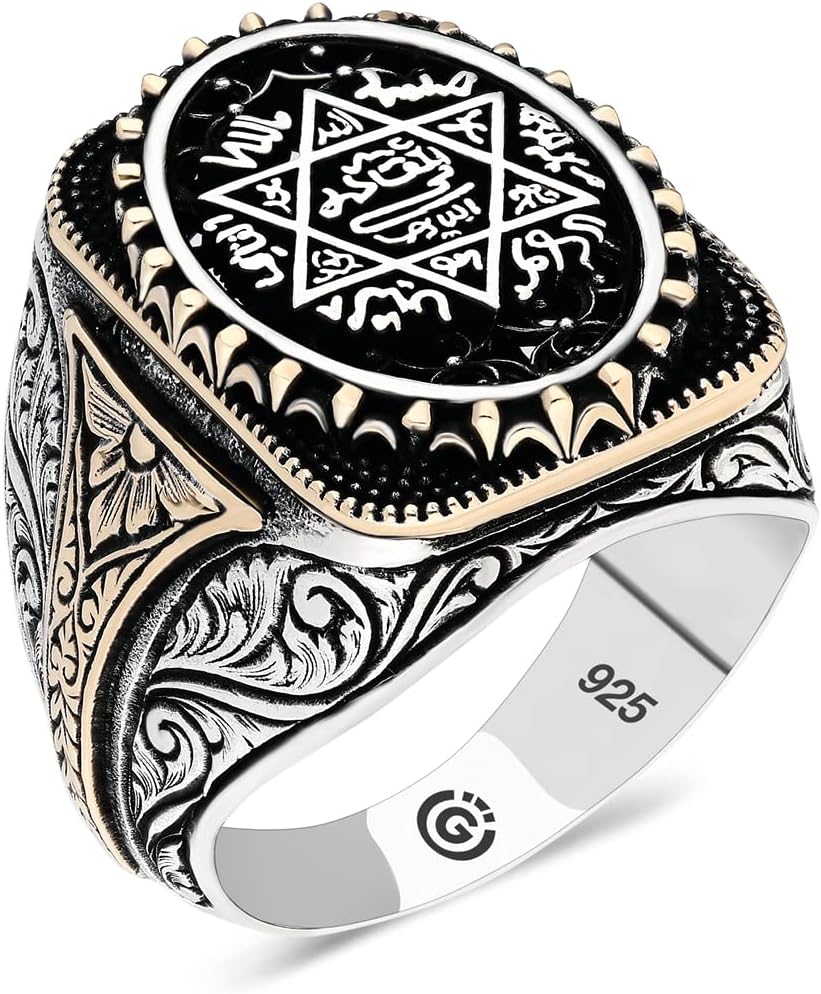 Mercan Silver Seal Of Solomon Ring, Silver Sterling Silver Signet Ring, One Size, Unisex, Polished Finish, 925k Sterling Silver, 16 Grams, Sent in a Special Black Gift Ring Box