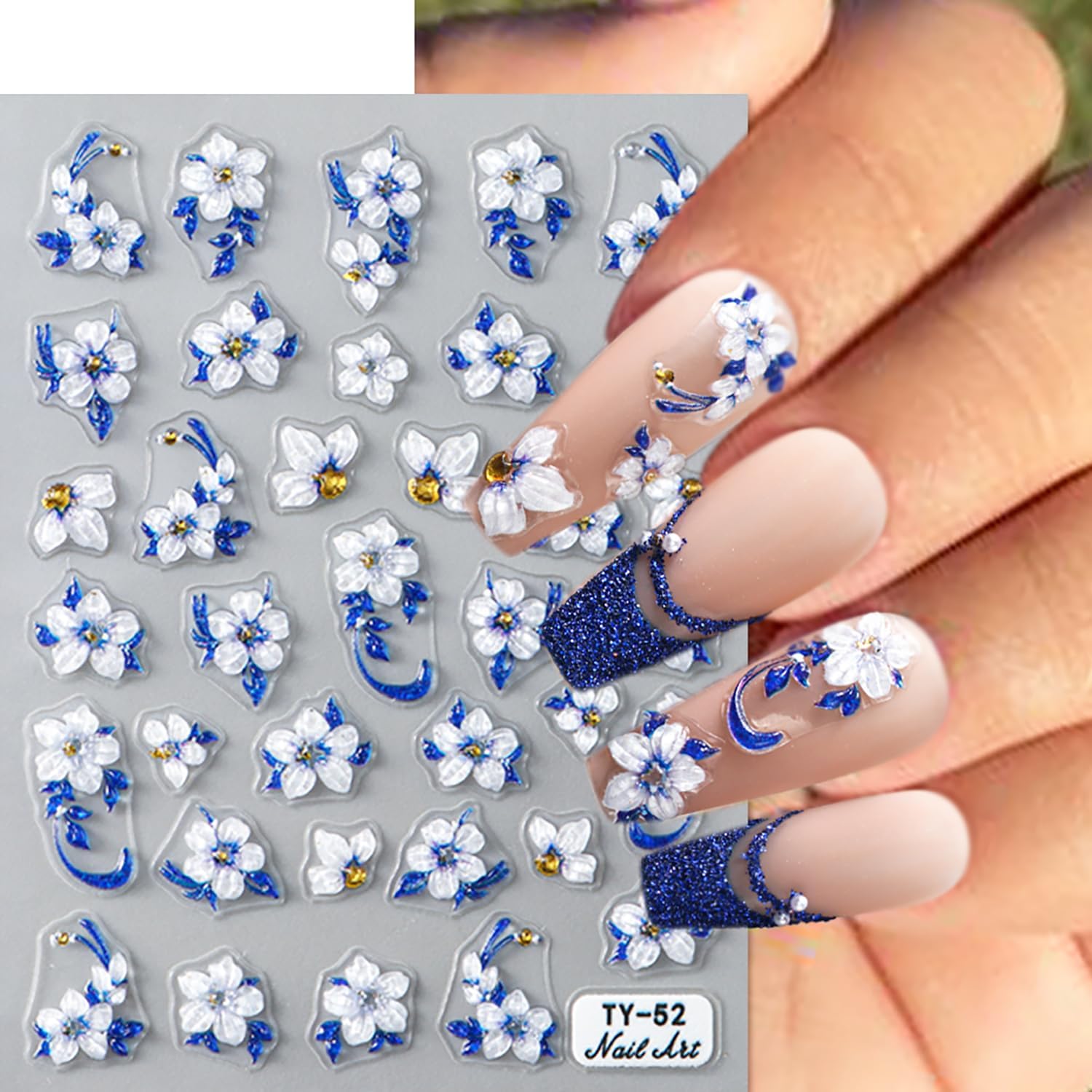 5D Flower Nail Art Stickers Blue Glitter Shiny Flowers Nail