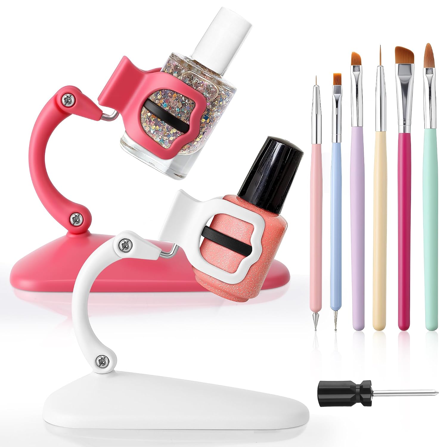 Enhon 2 Pack Nail Polish Holder Stand with 6 Nail Art Brushes, Tilted Fingernail Polish Bottle Holder, Adjustable Angle And Anti-Spill, Fingernail Art Accessories Tools Includes Cross Screwdriver
