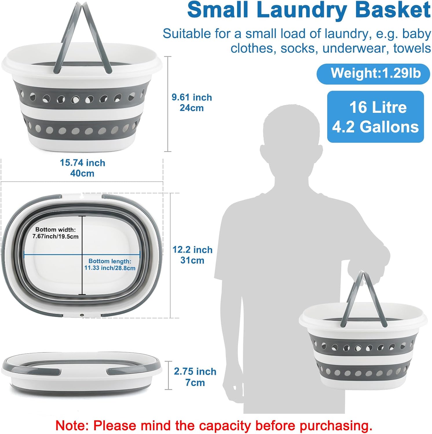 16L Collapsible Laundry Baskets with Handles, Small Laundry Hamper Plastic for Clothes Baby Kits, Pop-Up Clothes Hamper Plastic Bin Storage Basket Organizer for Dorm Room Essentials Camper Accessories