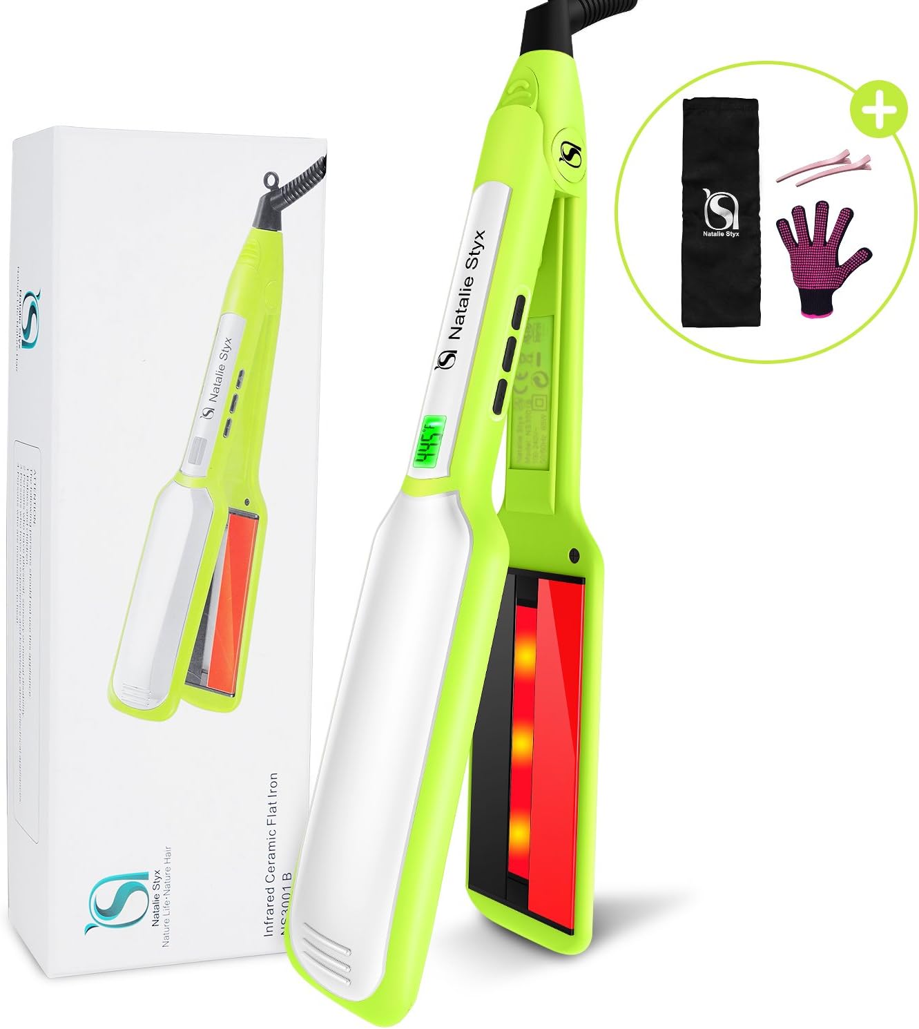 Natalie Styx Infrared Hair Straightener, Professional Flat Iron with 2 inch Titanium Floating Plate, Dual Voltage Straightening Iron, Ideal Gift for Womens | Inclus Travel Pouch, Salon Clip, Glove