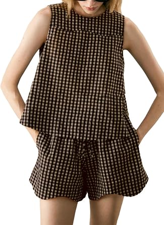 Womens 2 Piece Gingham Set Sleeveless Tank Tops Short Pants Suit Summer Beach Tracksuit