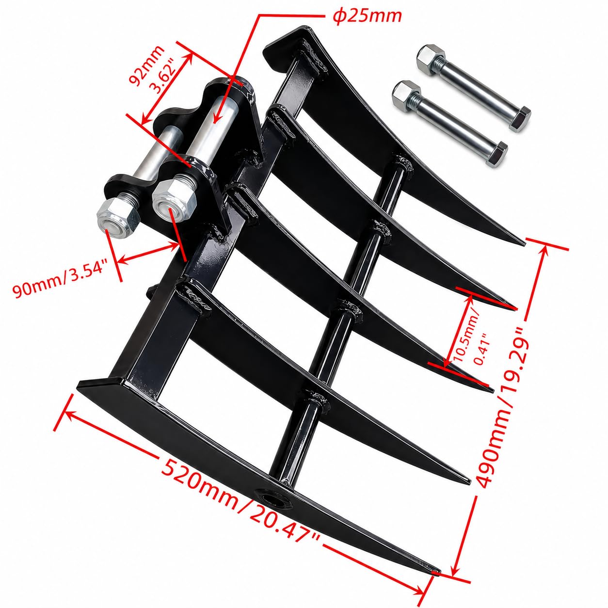 Râteau hydraulique inclinable pour mini excavatrices 0,8-2T, broche de 25 mm | Acier au manganèse à 5 dents pour le nettoyage des débris, le tri des matériaux, l'épandage du gravier