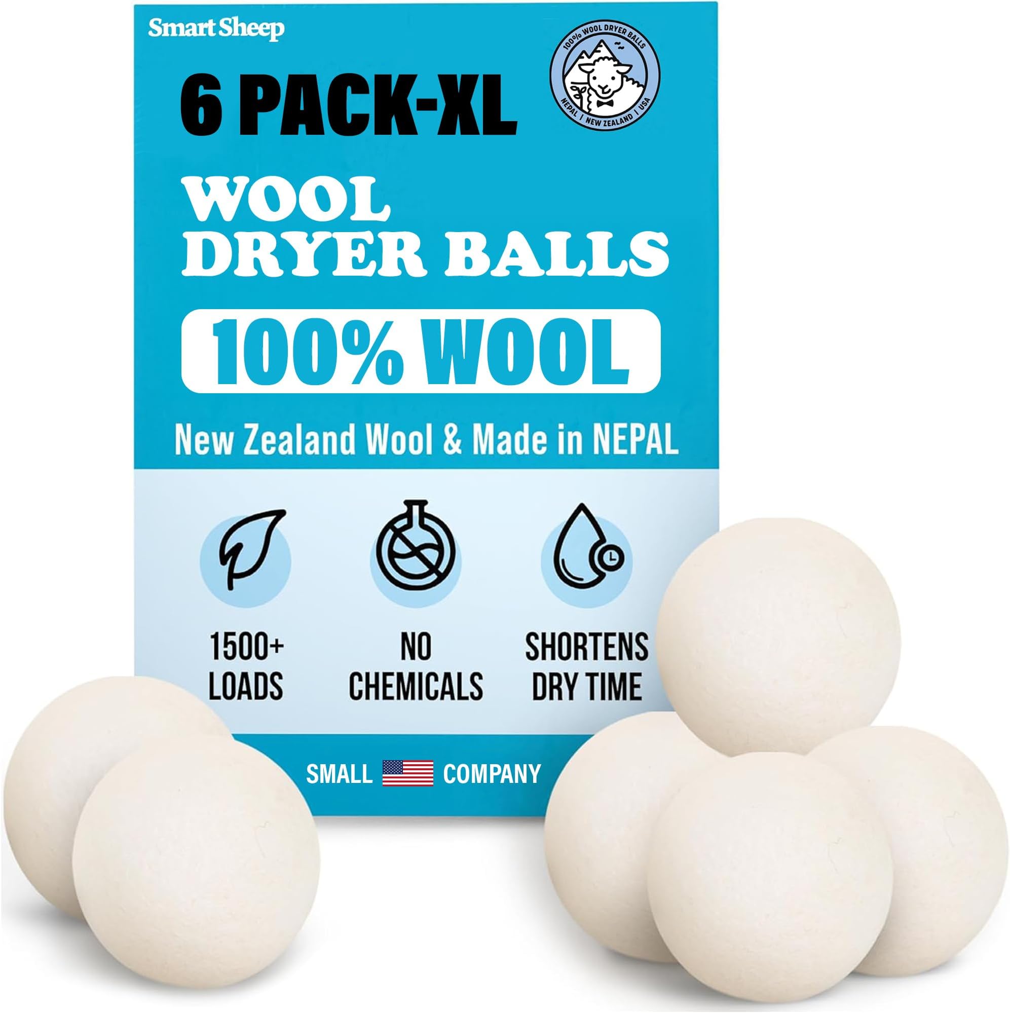 Smart Sheep Wool Dryer Balls 6-Pack, XL Premium Reusable Natural Fabric Softener Award-Winning