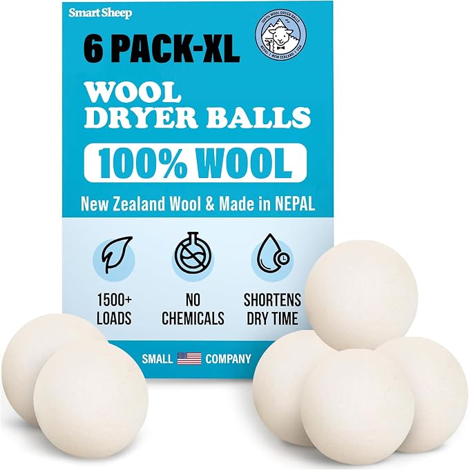 Smart Sheep Wool Dryer Balls - 6-Pack - XL Premium Natural Fabric Softener Award-Winning - Wool Balls Replaces Dryer Sheets - Wool Balls for Dryer - Laundry Balls for Dryer