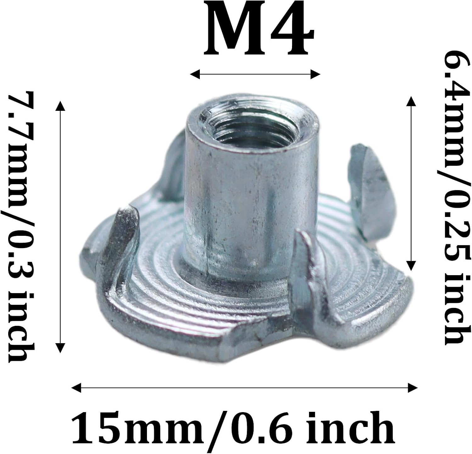 60Pcs M4 X 8mm T Nut 4 Prong Tee Blind Nuts, Zinc-Plated Carbon Steel Threaded Inserts for Wood, Rock Climbing Holds, Plywood, Furniture, CNC Router