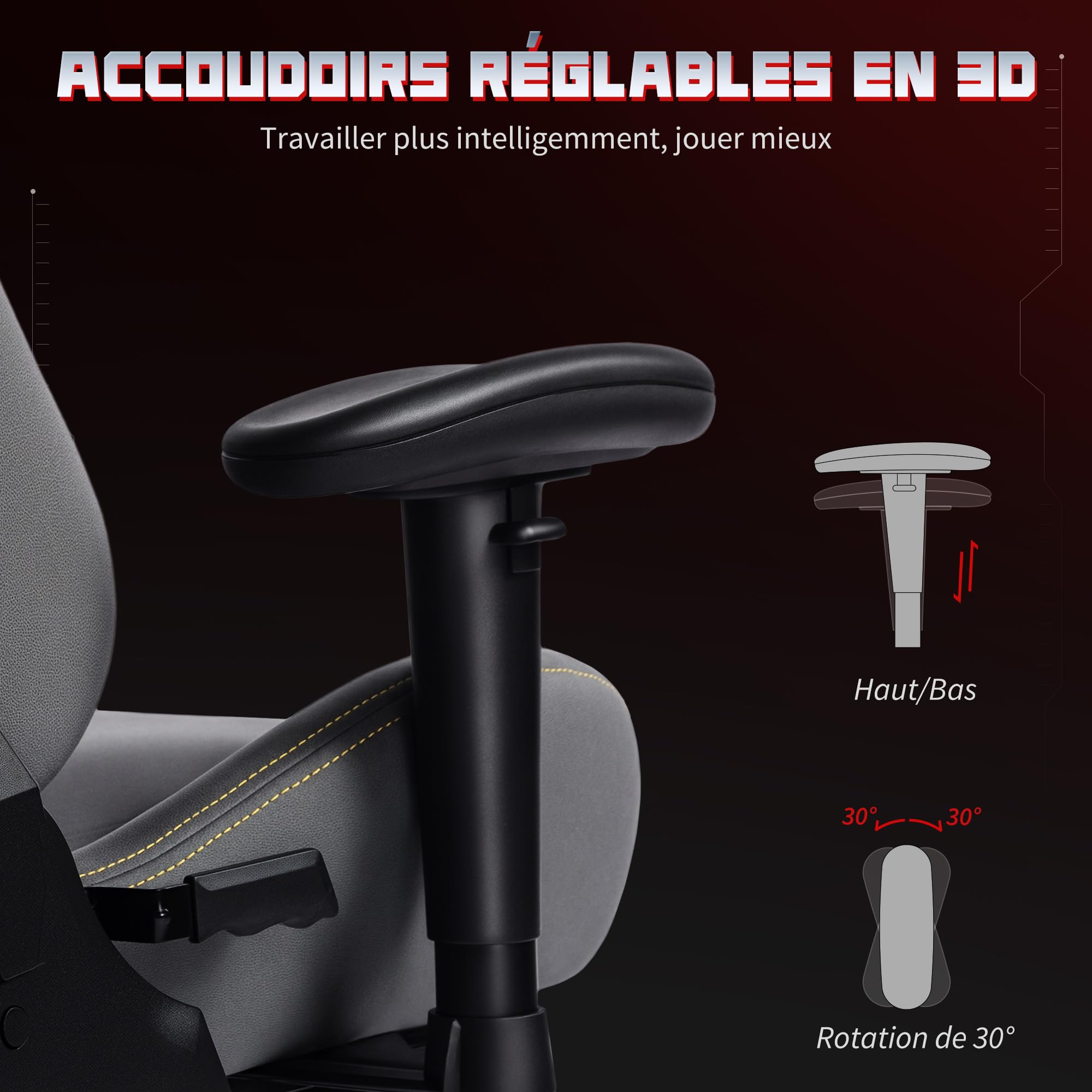 HOMCOM Chaise Gaming Ergonomique avec accoudoirs réglables, Fauteuil Gamer en suède avec Dossier inclinable, Hauteur réglable, Repose-Pieds, Appui-tête, Soutien Lombaire et pivotant à 360°, Gris