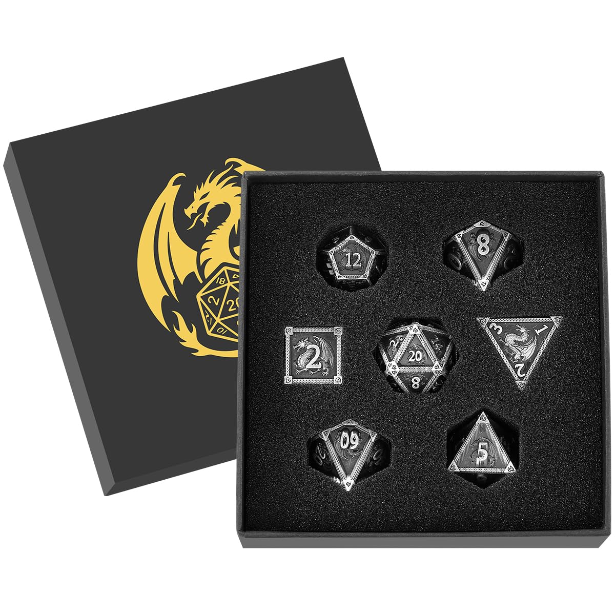 Metal Dice Set, Dragon Pattern, 7pcs Polyhedral Metal DND Dice Set, DND Starter Set, D&D Gifts with Gift Box