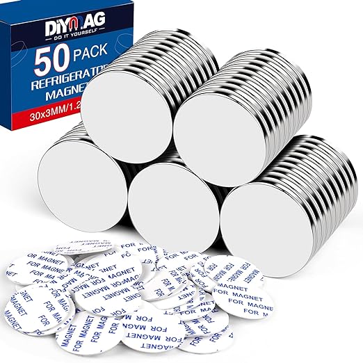 DIYMAG Powerful Neodymium Disc Magnets with Double-Sided Adhesive, Strong Permanent Rare Earth Magnets for Fridge, DIY, Building, Scientific, Craft, and Office, 1.26 Inch Diameter, Pack of 50