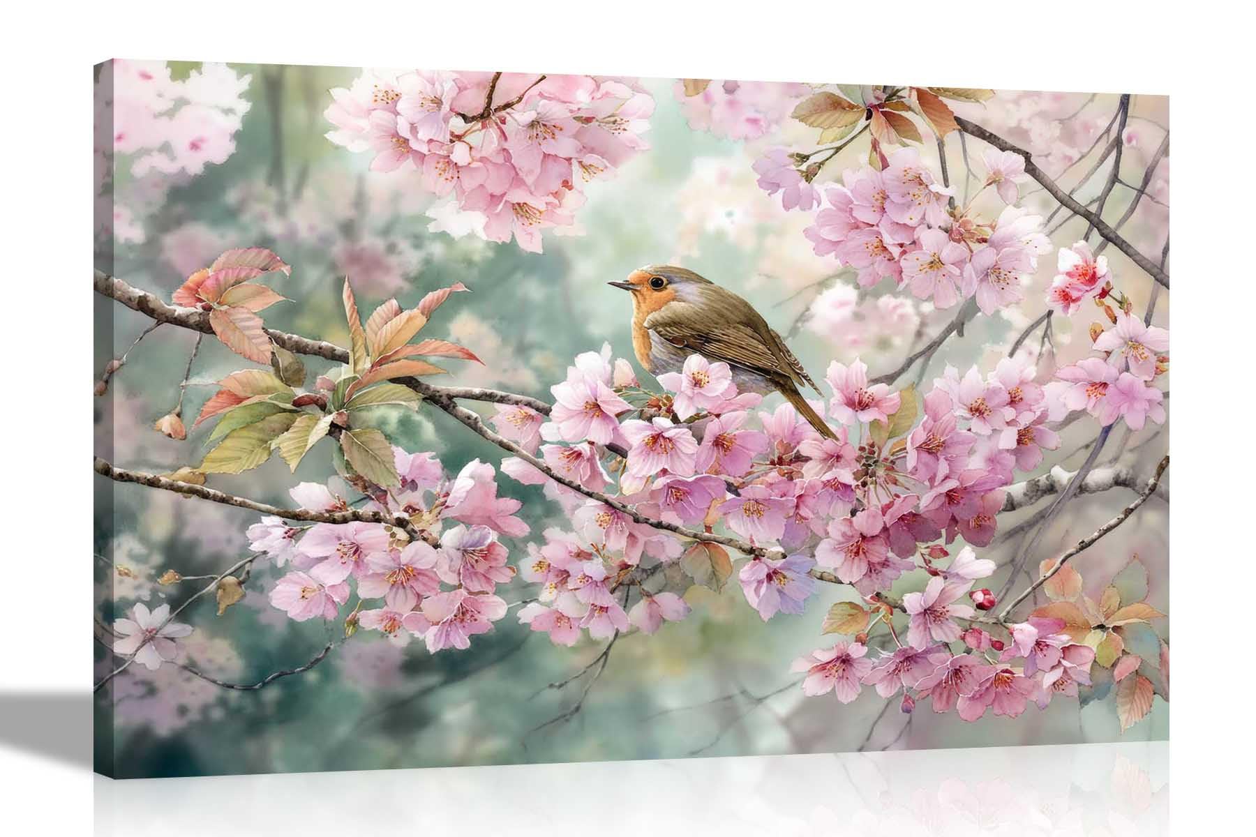 Artley Prints Pink Leave Forest Bird - Forest Bird On Pink Tree Watercolour Painting Print Canvas Wall Art For Living Room Décor Pictures Ready To Hang Extra Large 101 X 76Cm (40 X 30 Inches)