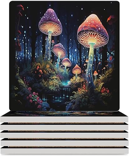 Miniatura 10 de Posavasos botánicos, posavasos redondos de cerámica redondos, 4 unidades, diseño de plantas vintage, diseño botánico de dibujos animados, hongos