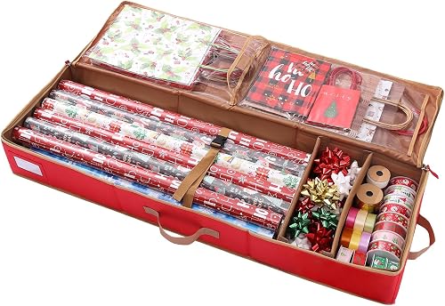 Sattiyrch Gift Wrapping Paper Storage containers,600D Oxford Fabric Christmas Ribbon Gift Bag Bows Storage Box,Holds up to 20 Rolls,42W x 14D x 5H (Red)