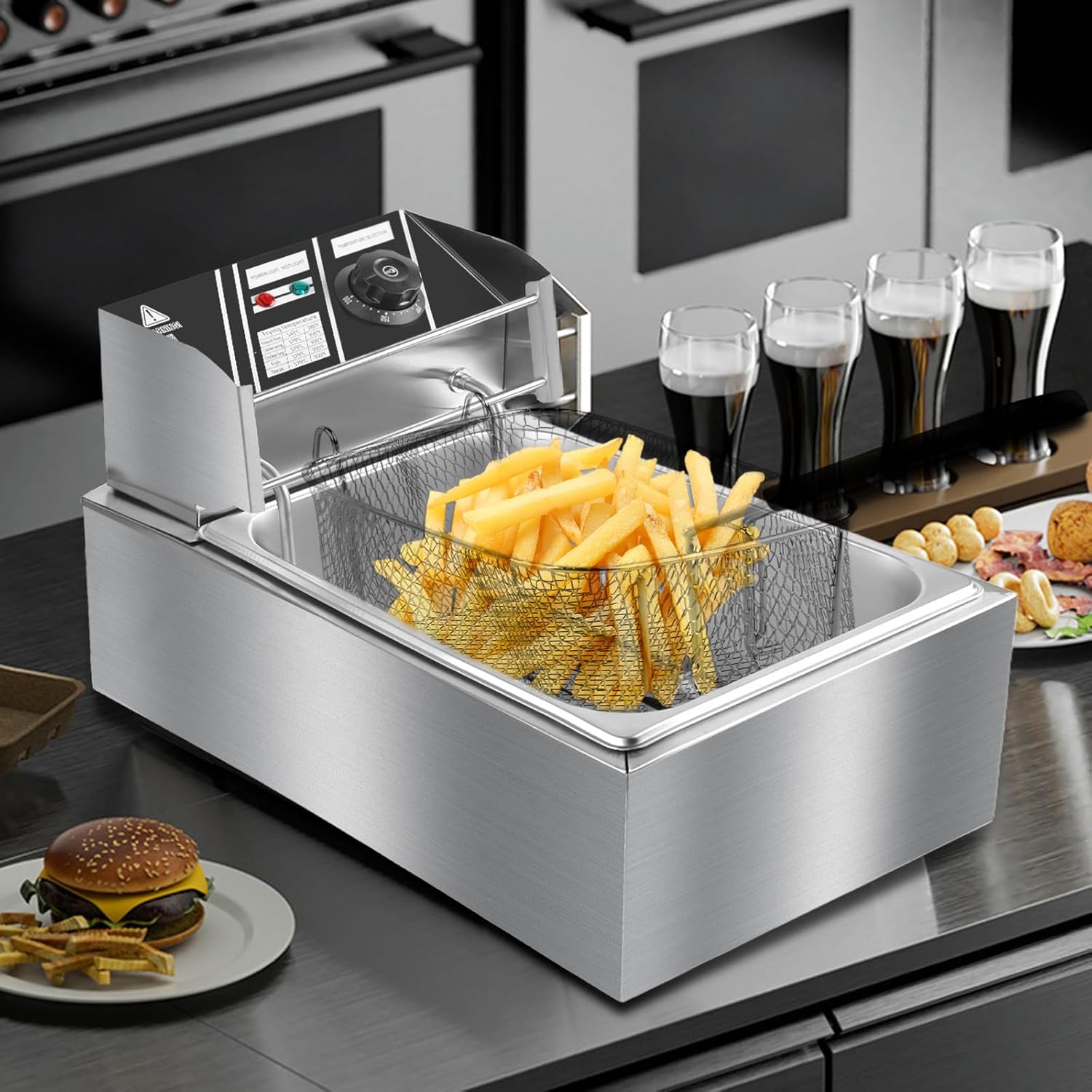 10QT Electric Deep Fryer 304 Stainless Steel Single Tank Commercial Fryer with Basket, 2500W 110V Countertop Deep Fryer for Home and Restaurant Use with Lid & Temperature Control