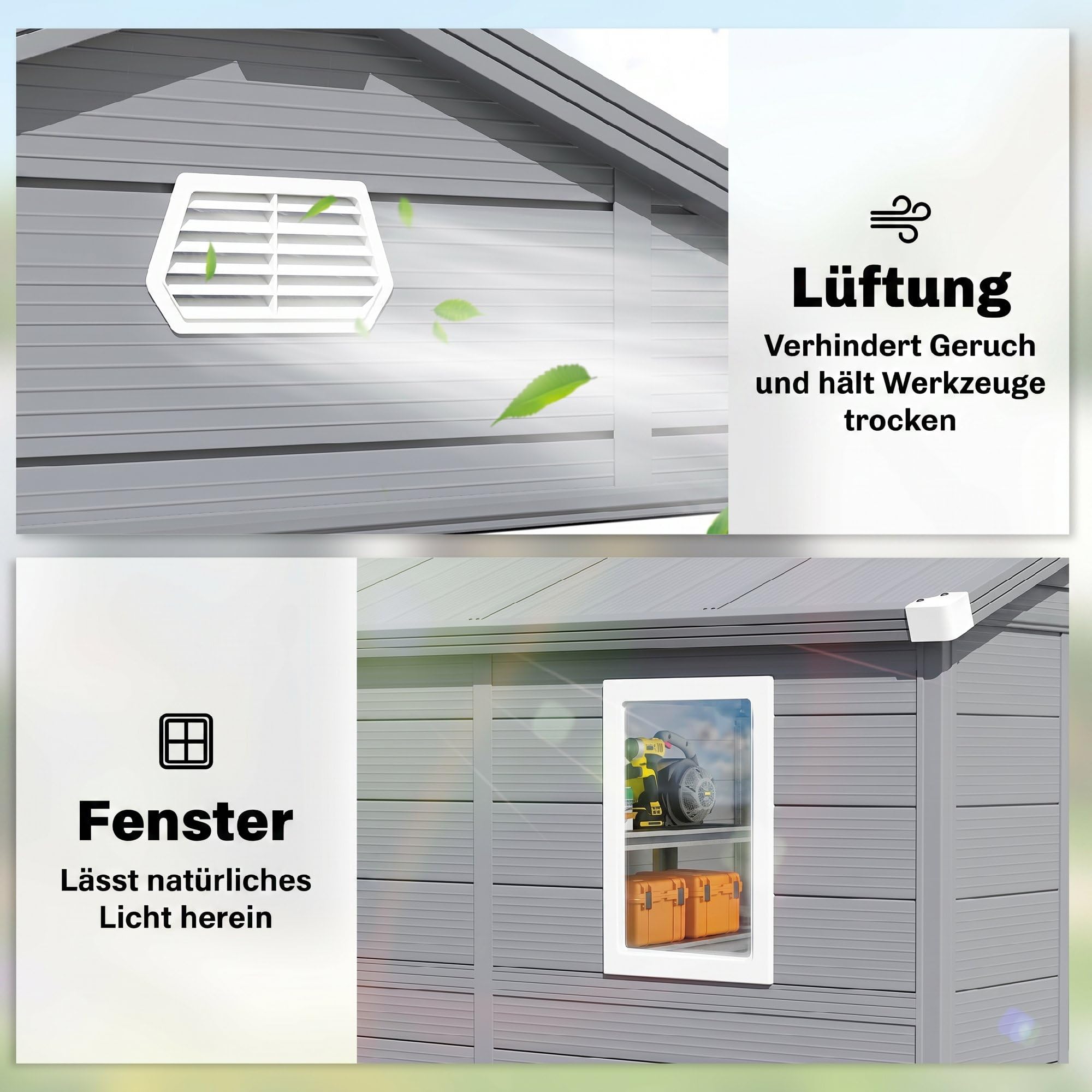 Outsunny Gerätehaus 4,1 m³, Gartenhaus mit Pultdach, 240 x 190 x 180/228 cm, Schütschuppen mit Abschließbar Tür, Fenster, Fahrradgark aus Aluminium, für Hinterhof, Garten, Grau