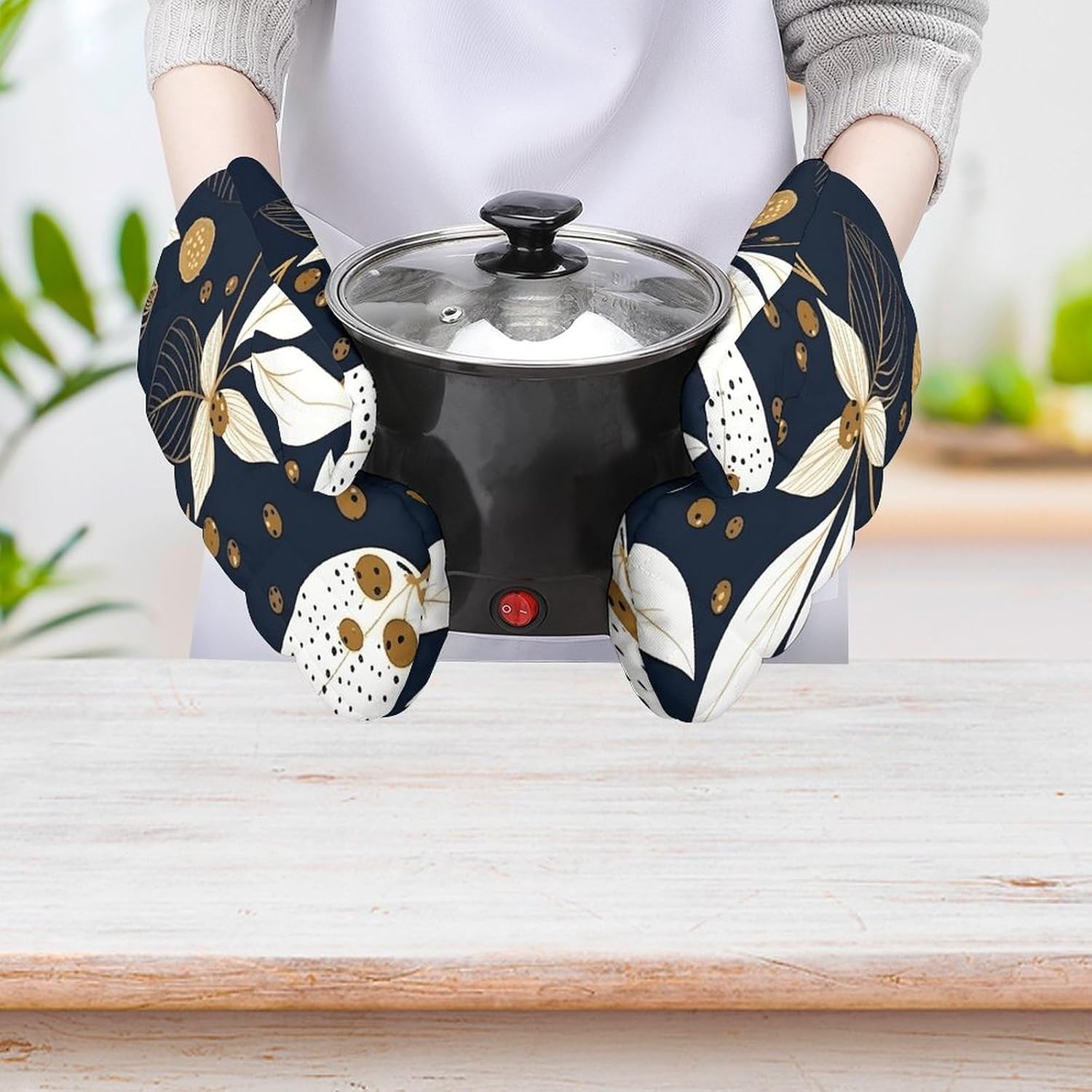 2 Pcs Oven Mitts Heat Resistant Kitchen Gloves Soft Safety Leaves and Berries Oven Glove for Microwave, Barbecue