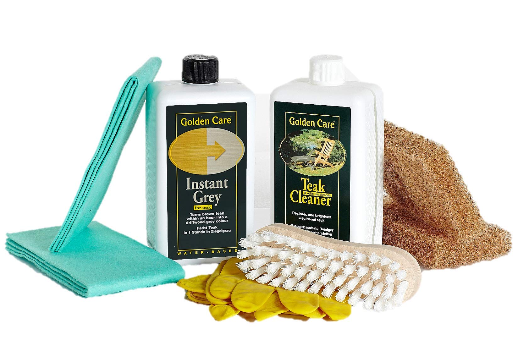 GOLDEN CARE Teak Instant Grey + Cleaner Holzpflegeset 8tlg. Holz Reiniger Holzschutz Holzpflege für Gartenmöbel