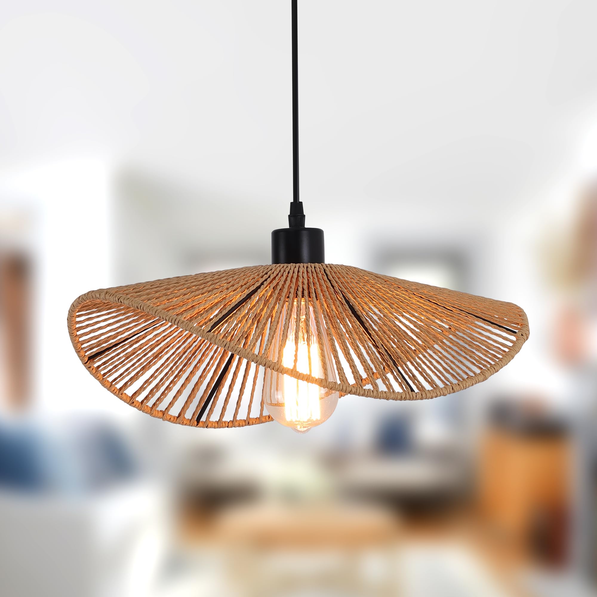 JIINOO Rattan Pendant Light Fixture, Modern Hanging Light Bamboo Handwoven Hanging Lamp for Farmhouse Bedroom Living Room Dining Room, 1 Light, 41cm — image 1
