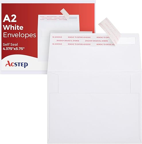 ACSTEP Paquete de 100 sobres A2 blancos de 4.375 x 5.75 pulgadas, autoadhesivos para tarjetas de felicitación, bodas, invitaciones, tarjetas de