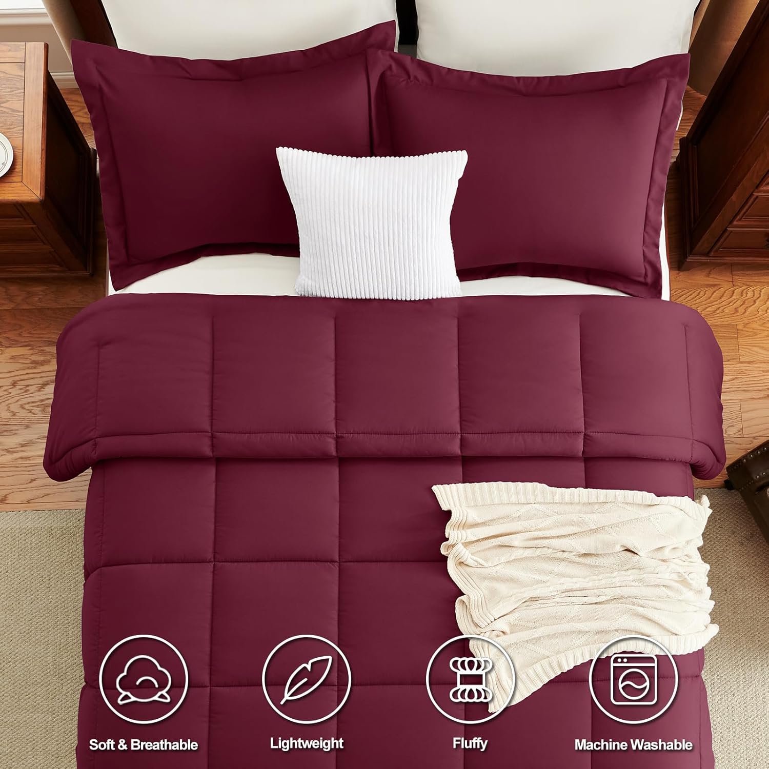 CozyLux Full Size Comforter Sets - Burgundy Comforter Full Size, 3 Pieces Box Stitched Bed Set for All Seasons, Soft Lightweight Bedding Sets with 1 Down Alternative Comforter and 2 Pillow Shams - Image 4