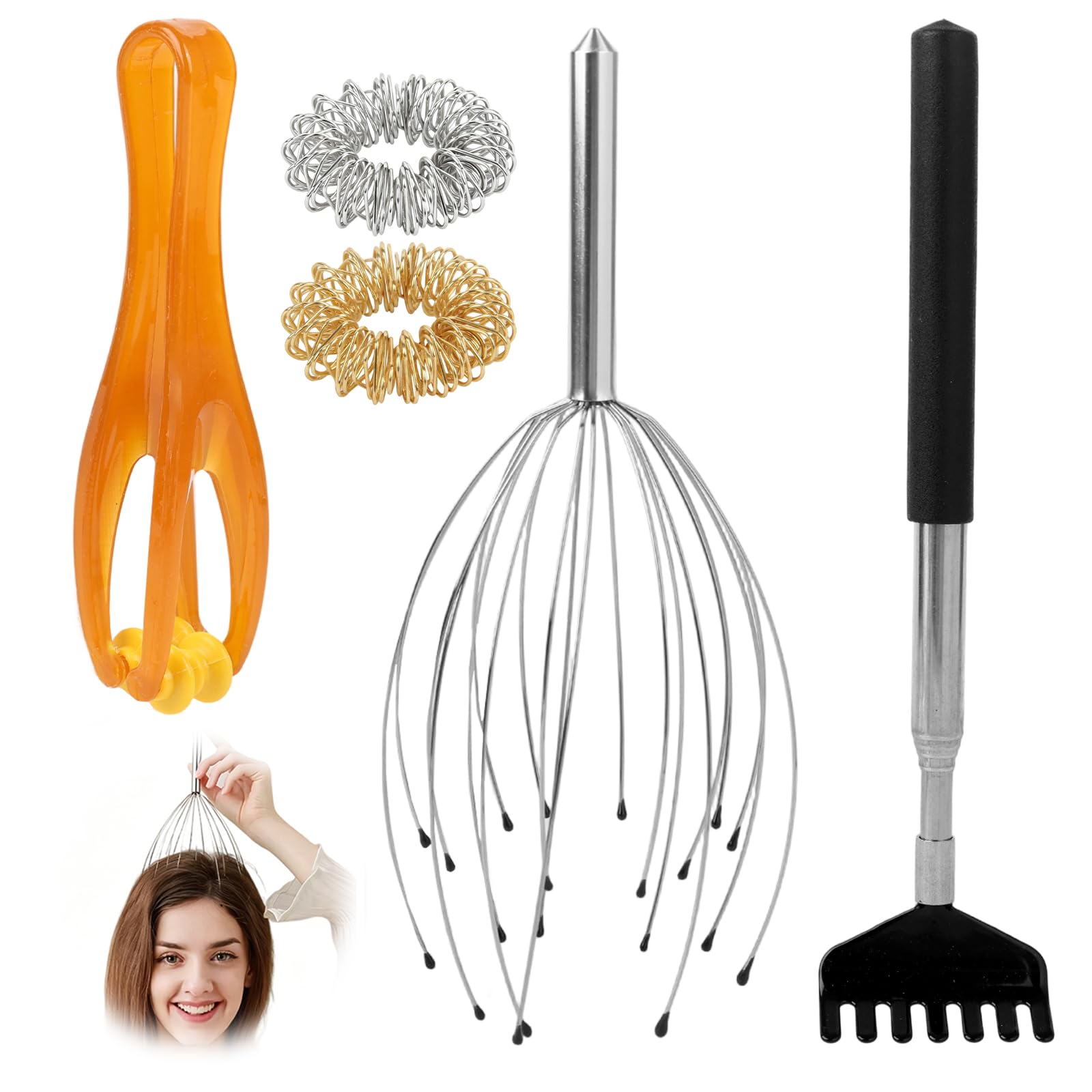 Verbesserte Kopfmassage und Rückenkratzer mit 20 flexiblen Krallen, ausziehbarem Teleskopstab, langlebigem Metallrückenkratzer, ideal für Kopf- und Rückenentspannung - umfasst drei Fingermassagegeräte