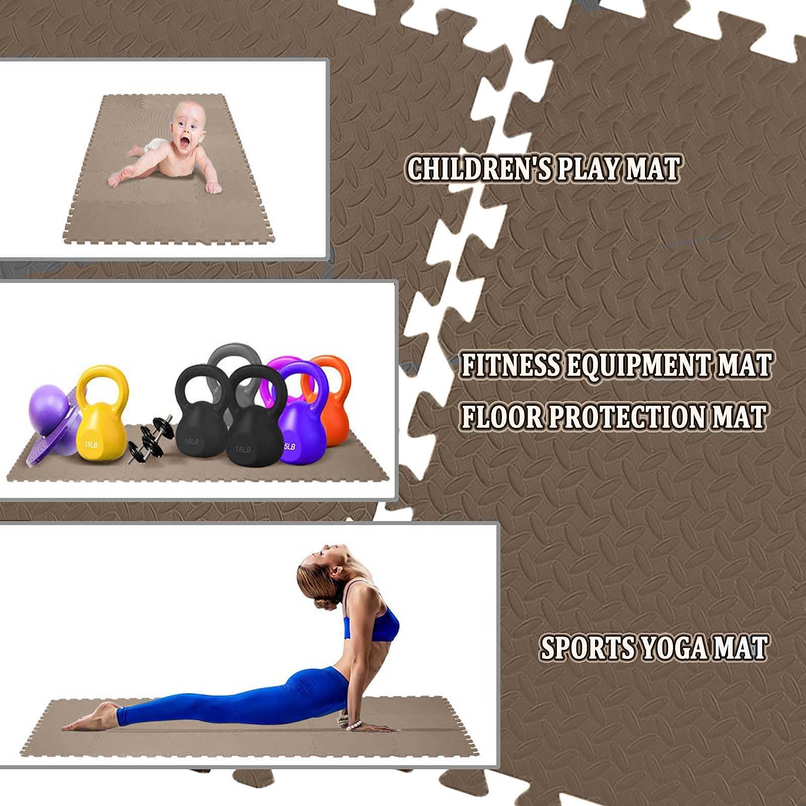 Tappetini componibili in Schiuma Eva per Esercizi, Ideali per Palestra Domestica, Garage e Sala Giochi - 8 Pezzi, 60x60x1 cm, Marroni, Proteggi Pavimento a Puzzle, Perfetti per Neonati e all
