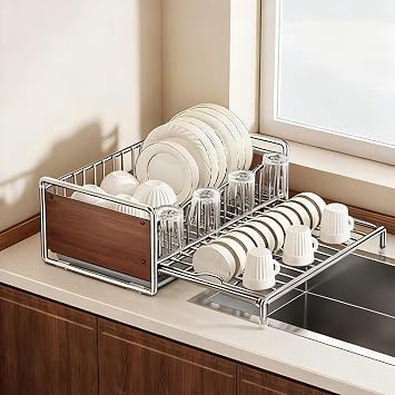 Extend Kitchen Sink Drain Basket Portable Multi-Functional Extender Basket 2025 New Stainless Steel Retractable Sink Rack for DishesBare Frame,Single Layer