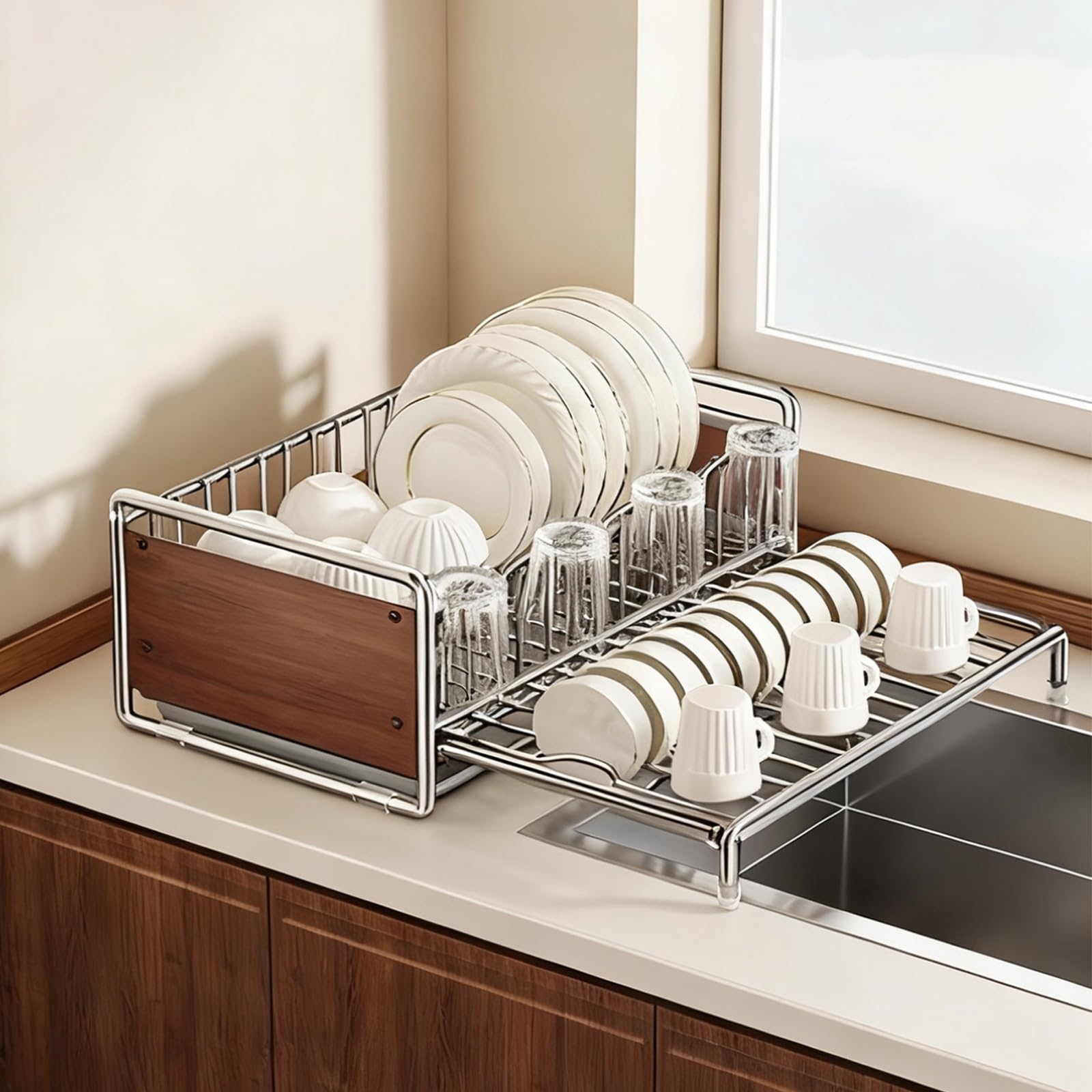 Scolapiatti Estensibile per lavello da Cucina, Portatile, Multifunzionale, Estraibile, Nuovo Modello in Acciaio Inox 2025, scolapiatti Retrattile (Senza Telaio, monoblocco)
