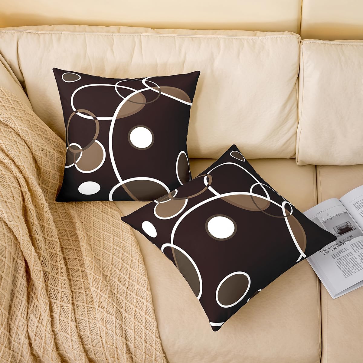Erosebridal Geometric Circles Pillow Covers 24x24 Set of 2, Black Brown Red Throw Pillow Covers for Bed Sofa Patio, Cirlces Cushion Covers, Abstract Stripes Decorative Square Pillow Cases