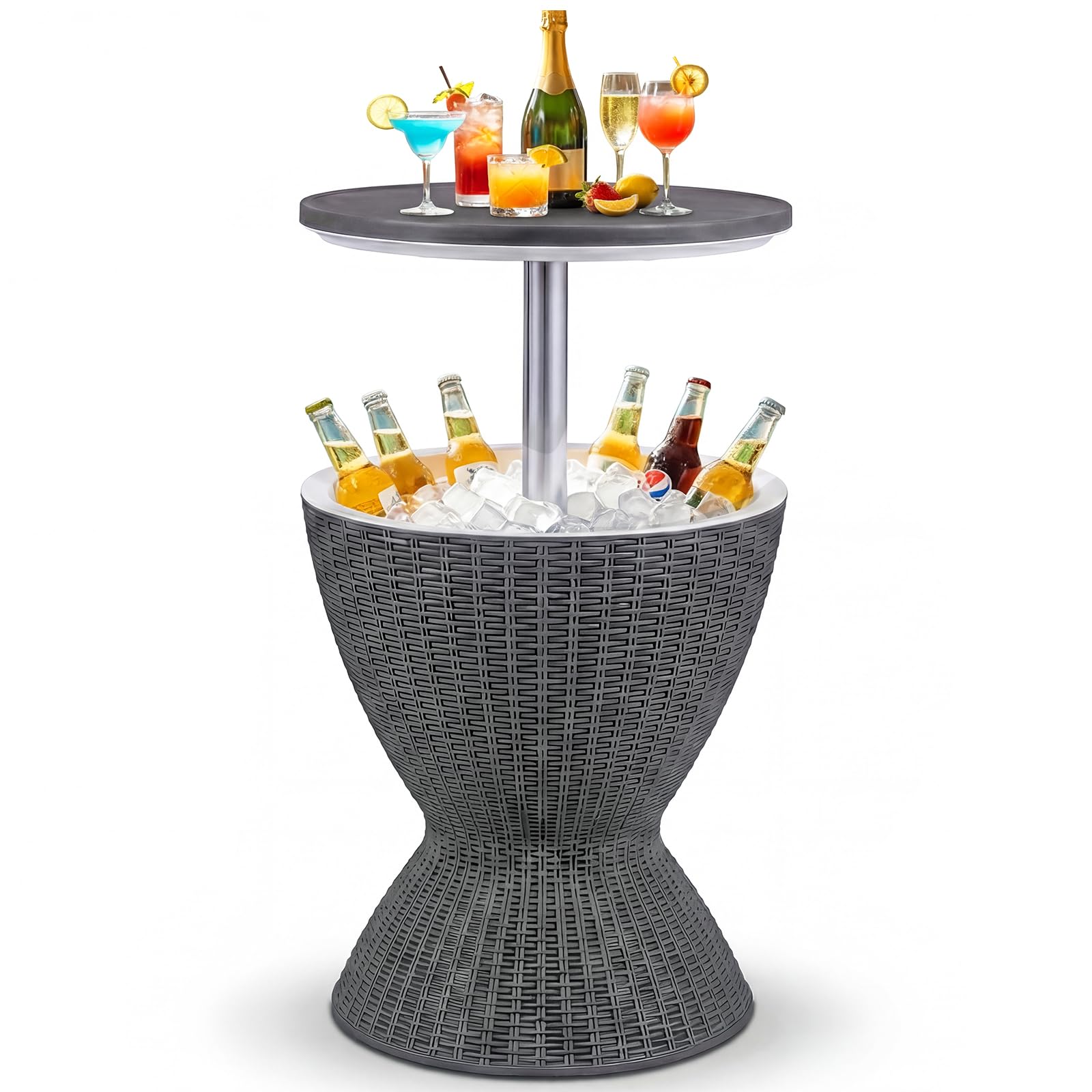 COSTWAY 2 en 1 Mesa Nevera Capaciadad de 30 L para Jardín,Cool Bar para Cerveza y Vino con Gancho,Asa,Tapa Extraíble y Orificio de Drenaje Mesa Auxiliar Cóctel para Piscina, Terraza y Camping