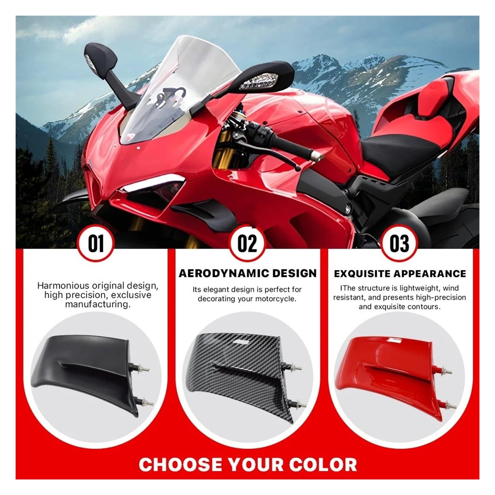 Aerodynamische Winglets Motorrad Winglet Aerodynamische Flügel Kit Spoiler Feste Querruder Für Ducati Für Panigale V4 V4S V4R 2022 2023 2024 Motorradspoiler(Rot)