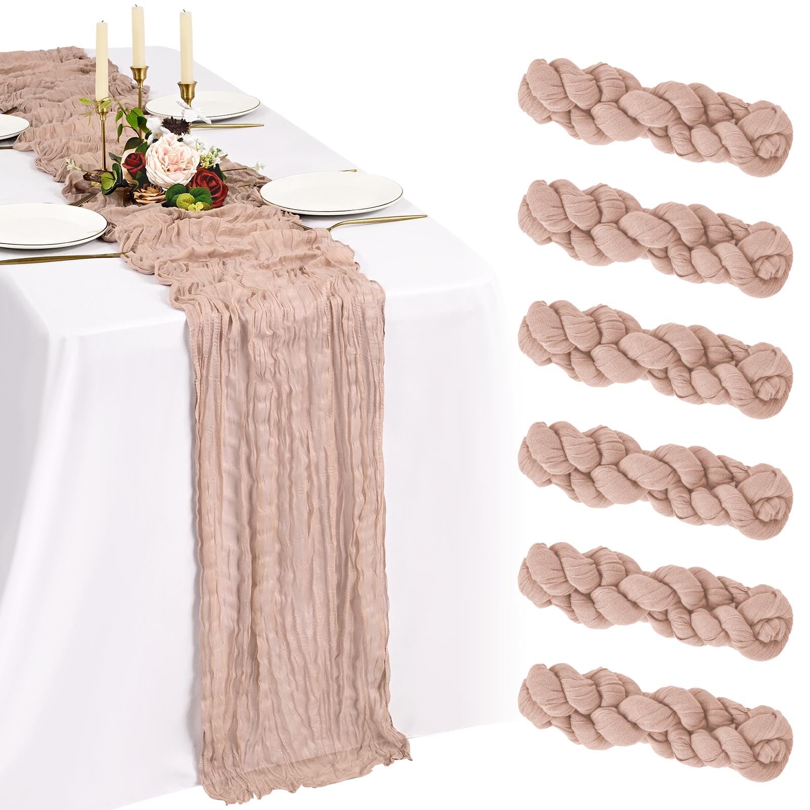 Showgeous 6 Pack Dusty Pink Cheesecloth Table Runner 10FT Boho Gauze Cheese Cloth Table Runners Romantic Rustic Sheer Table Decorations for Wedding Party Baby Shower Birthday Holiday Home