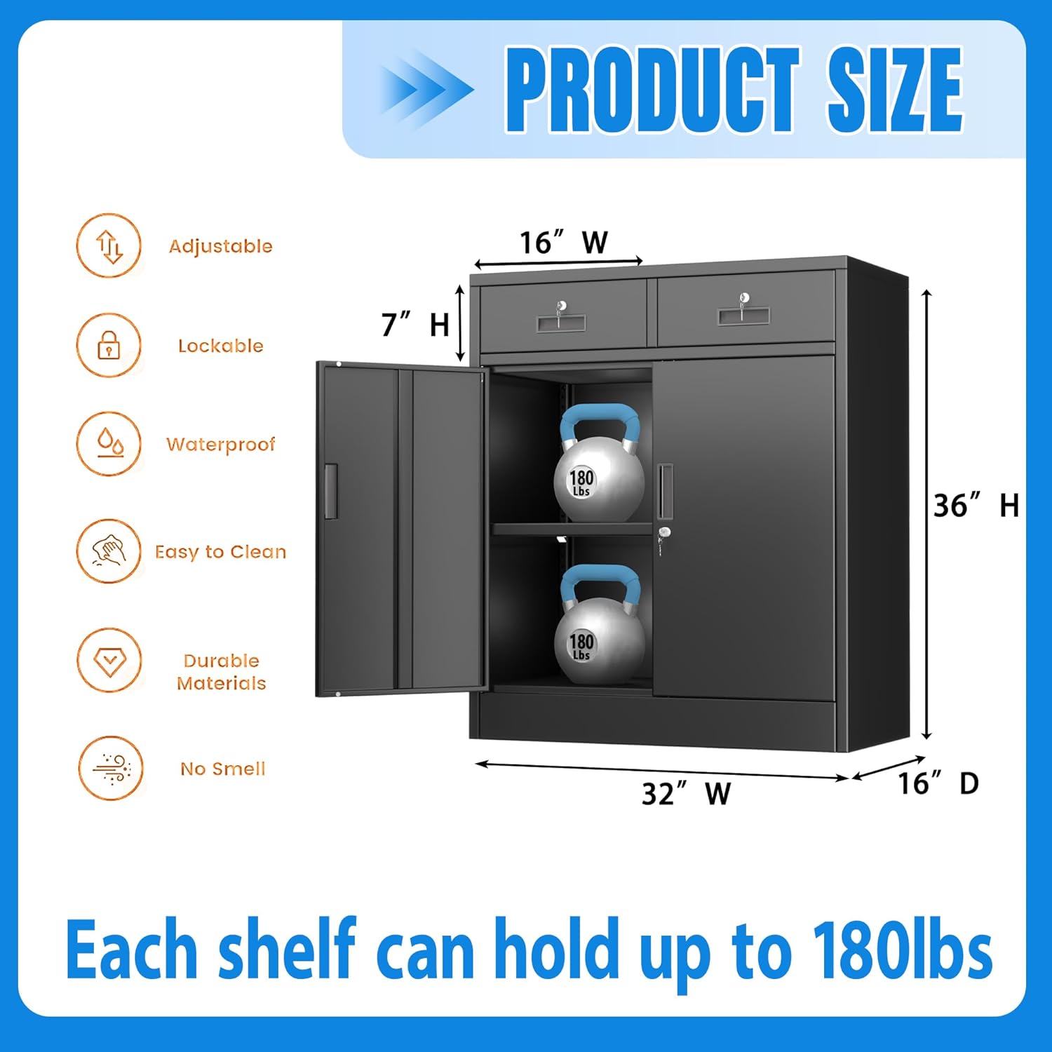 BESFUR Metal Storage Cabinet with Doors and Shelves, 36" H Locking Storage Cabinet with 2 Drawers, Reinforced Heavy Duty Metal Cabinets for Garage, Office, Home(Black)