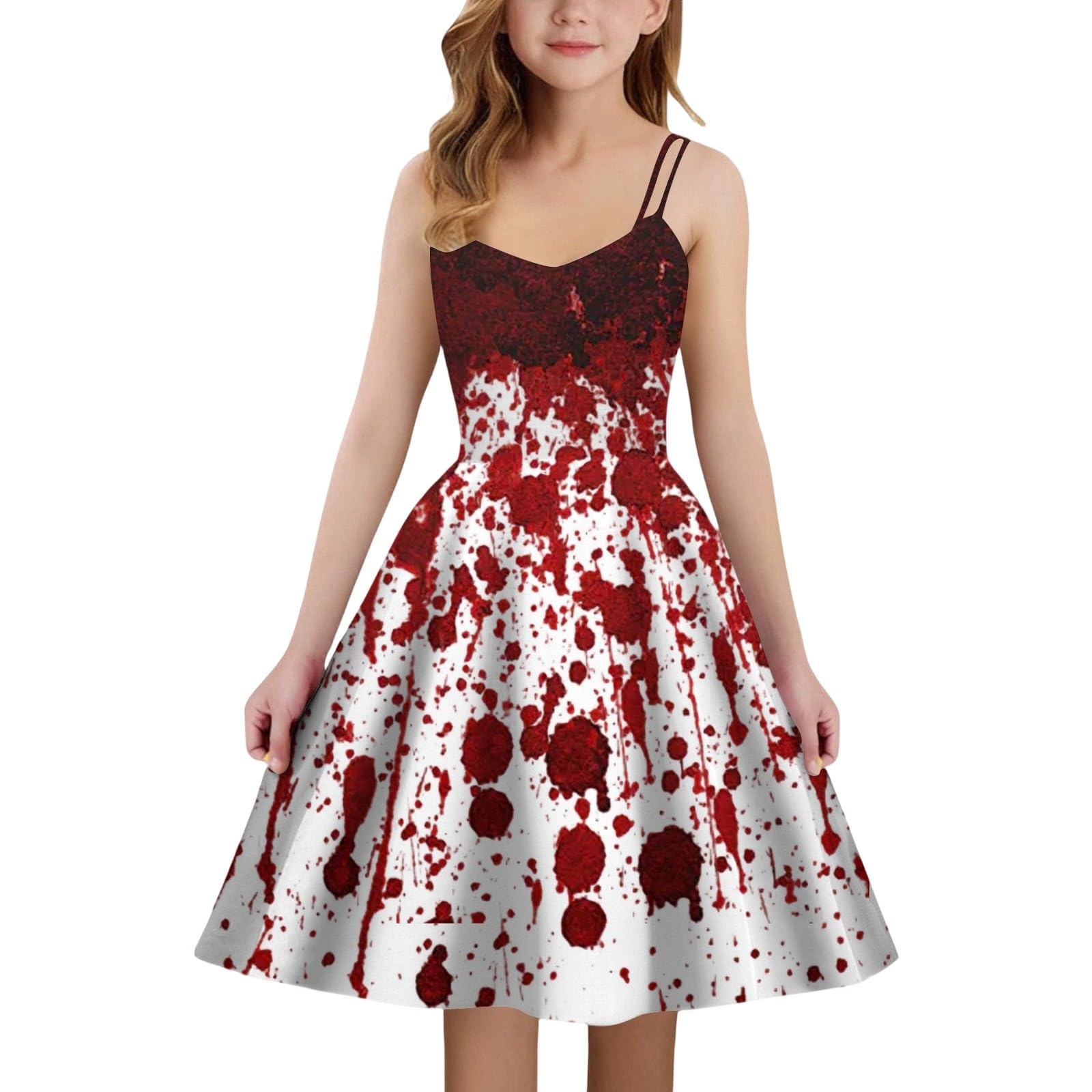 Halloween Dress Kids Scary Bloody Dresses Girls Halloween Costume Elegant Distressed Sleeveless A-Line Cocktail Dress Evening Medieval Strap Dress Carnival Party for 5-14 Years