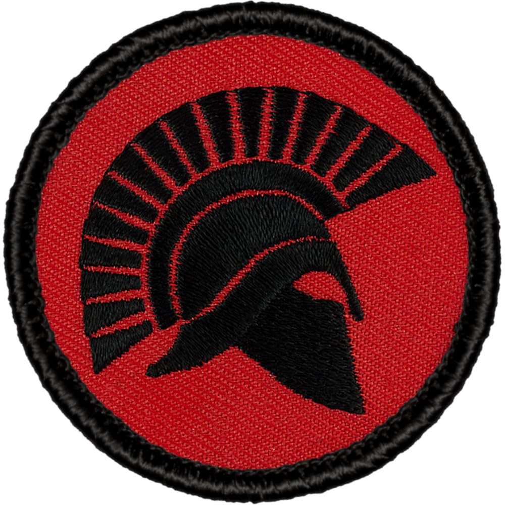 PATCHTOWN Retro Red and Black Spartan Helmet Silhouette Patrol Patch - 2"" Diameter Round Embroidered Patch (Peel & Stick Adhesive)