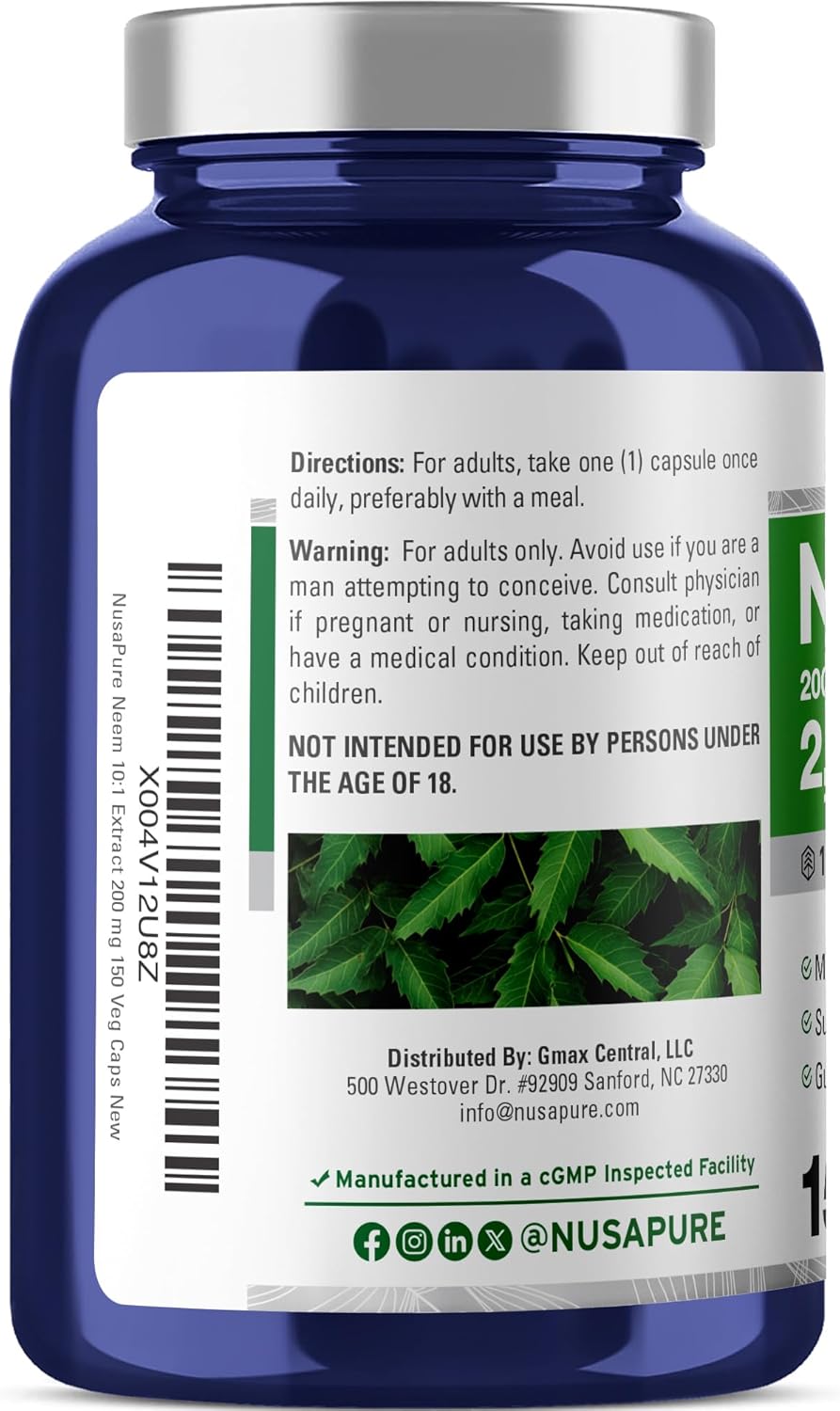 NusaPure Neem Leaf Root 10:1 Extract, 200 mg Equivalent to 2,000 mg 150 Veggie Capsules|Herbal Supplement|Non-GMO, Vegan - Image 3