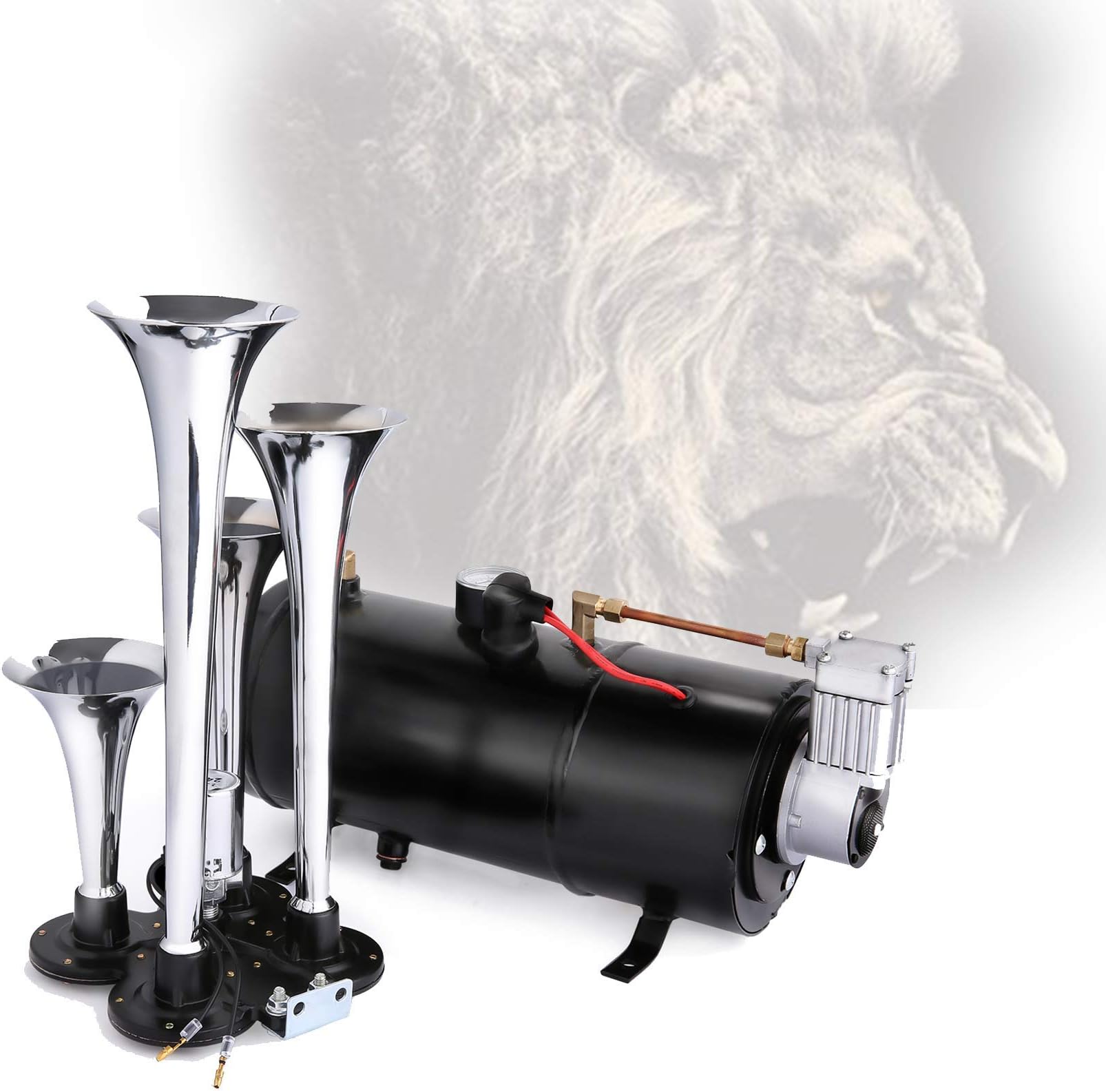 4 Trumpet Train Horn Kit, 150DB Loud Train Air Horn Kit for 12V Vehicles Trucks Cars Train Van Boats with Powerful Air Compressor