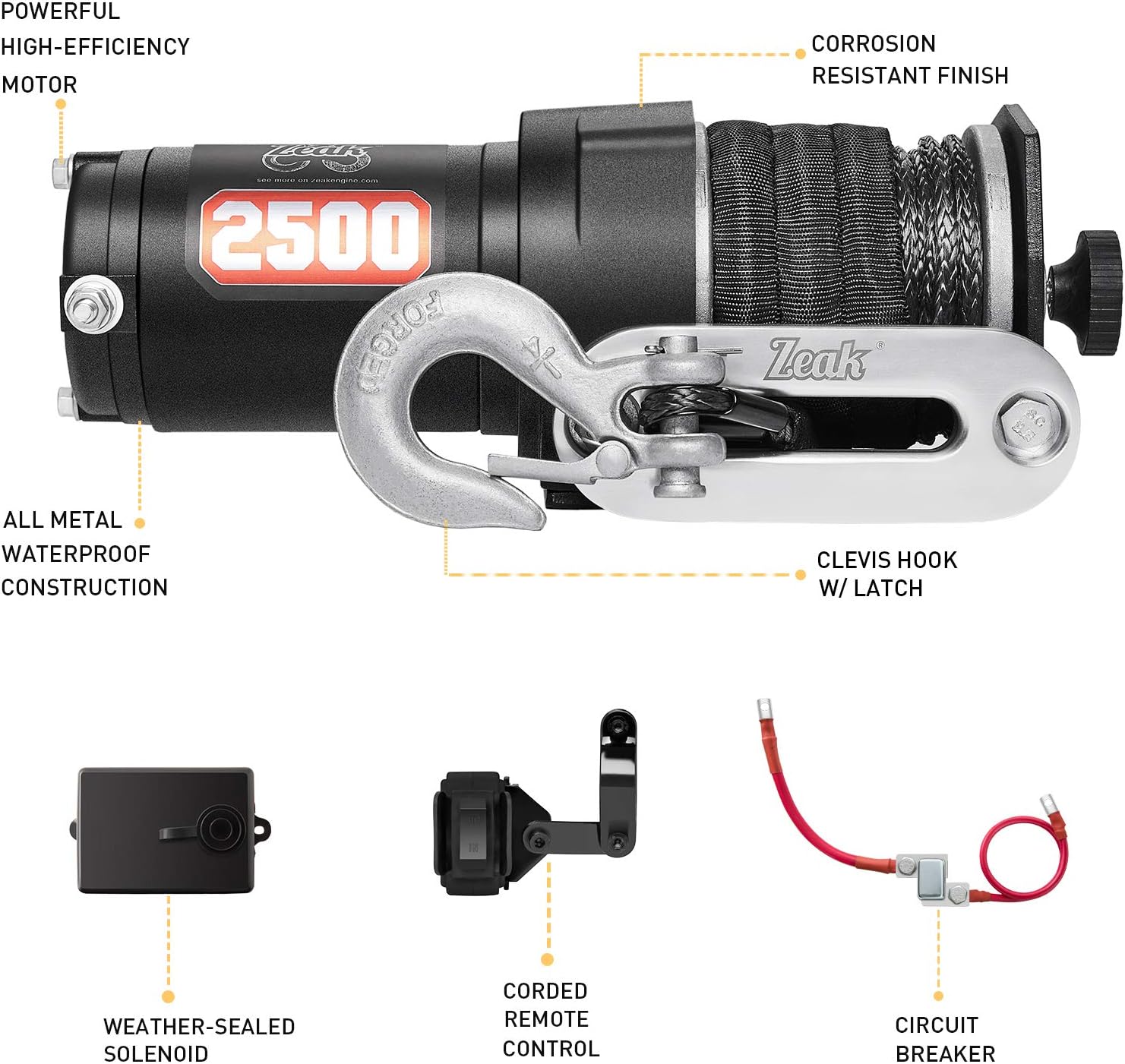 ZEAK 2500 lb. Advanced Off-Road 12V DC ATV/UTV Electric Winch, Synthetic Rope with Mini-Rocker Solenoid Kit