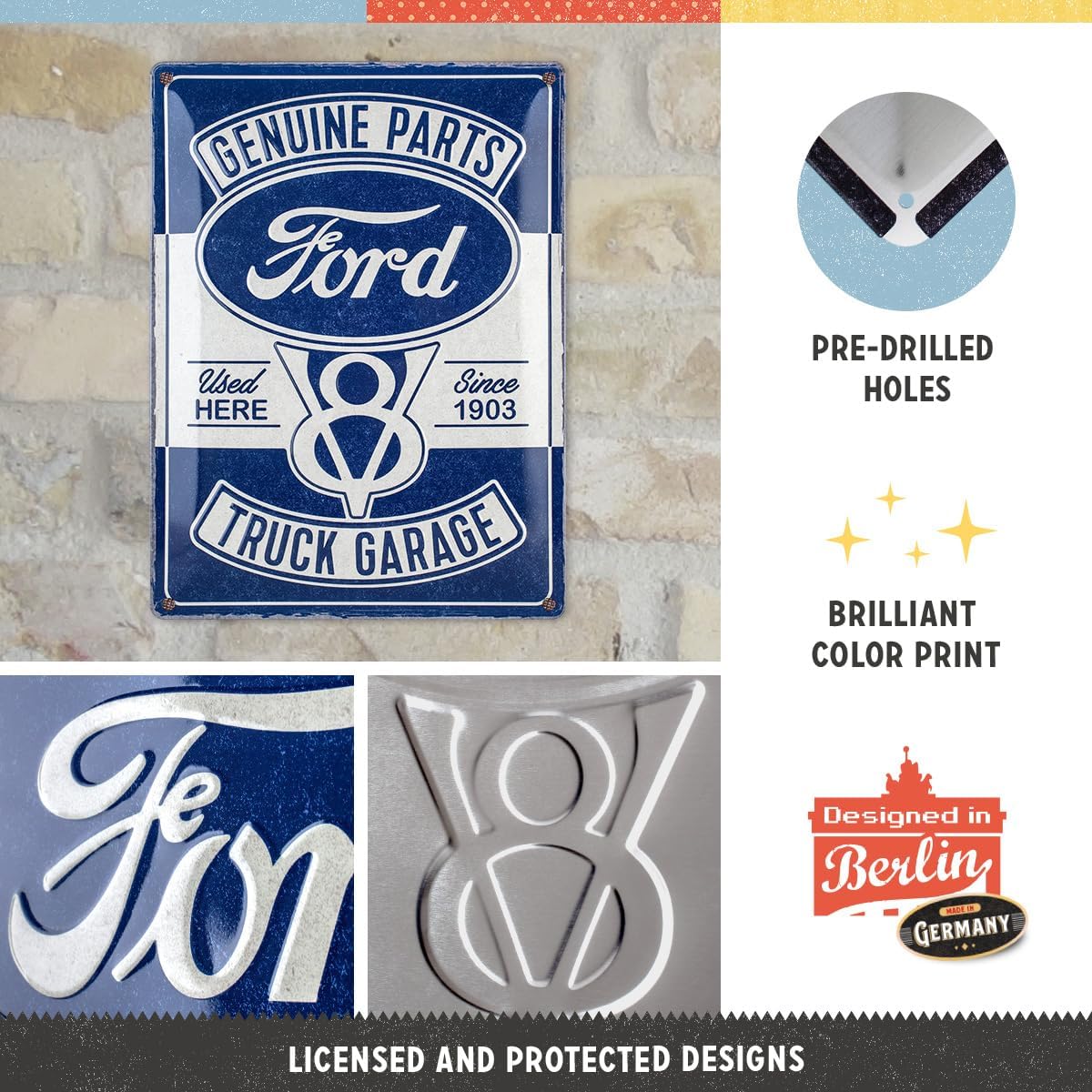 Nostalgic-Art Retro Tin Sign, Ford – V8 Garage – Gift idea for car accessories fans, Metal Plaque, Vintage design for wall decoration, 11.8" x 15.7"