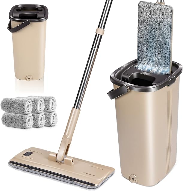 MASTERTOP Flat Mop and Bucket Set, Hands Free Squeeze Mop with 6 Microfiber Mop Pads and Stainless Steel Long Handle, Microfiber Floor Mop for Tiled, Marble, Hardwood