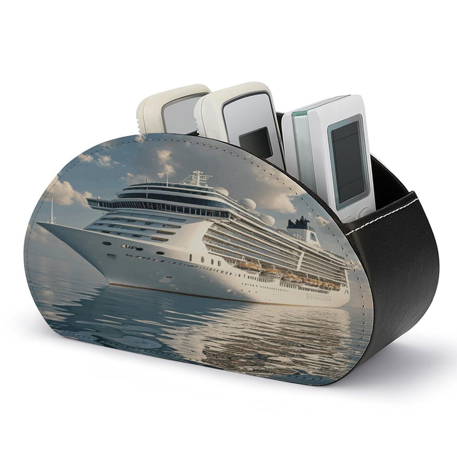 FekiLoot Cruise Ship TV Remote Control Holder with 5 Compartments Multi-functional Leather Bedside Table Remote Caddy Desktop Storage Box for Store Pen Controller Media Player Cosmetic